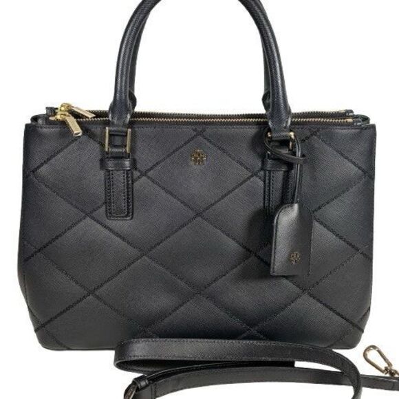 Tory Burch Robinson Black Wild Stitch Leather Double Zip Tote Shoulder Bag Purse